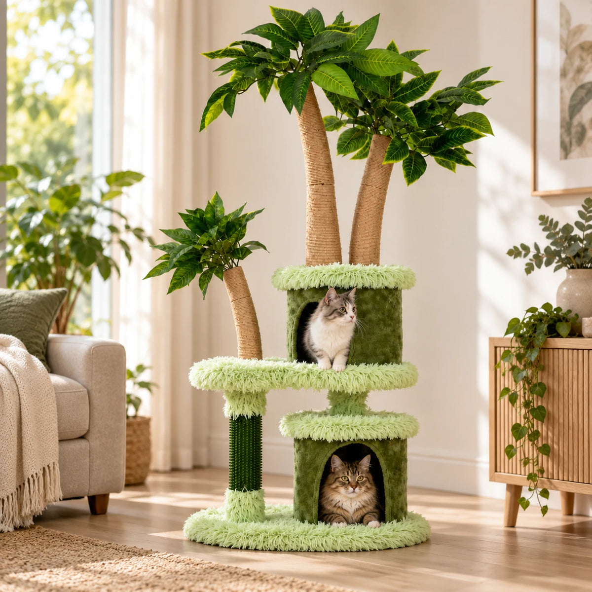 Deux chats installés dans les deux niches à différentes hauteurs de l’arbre à chat Canoporia.