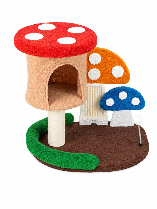 Arbre à chat champignon Mycora 60 cm avec niche multicolore et griffoir sisal