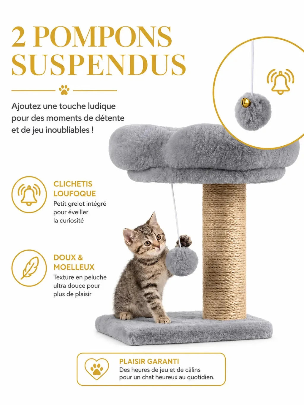 Deux pompons avec grelots de l'arbre à chat fleur Pétalia