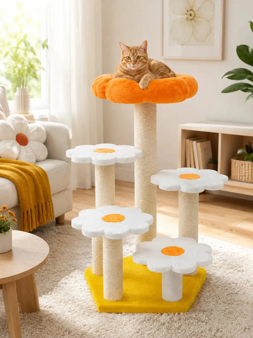 Arbre à chat fleur Floravia dans un salon avec chat sur le perchoir