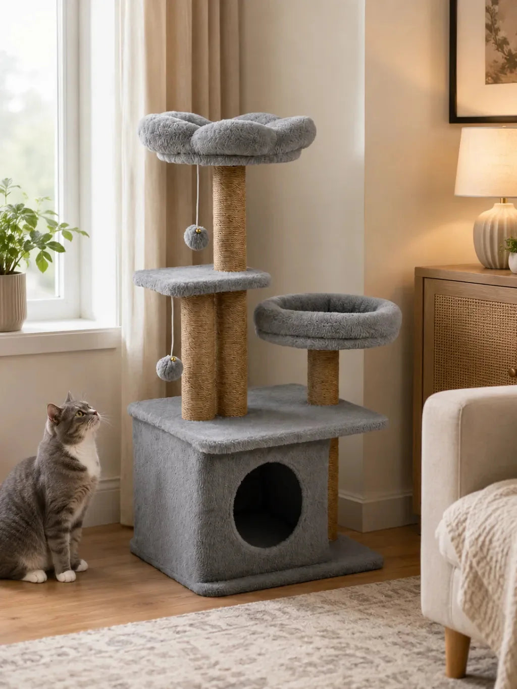 Petit arbre à chat fleur Pétalia installé dans un salon avec un chat
