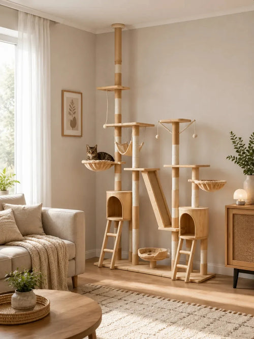 Arbre à chat géant beige Duneora avec niches et hamacs dans un salon