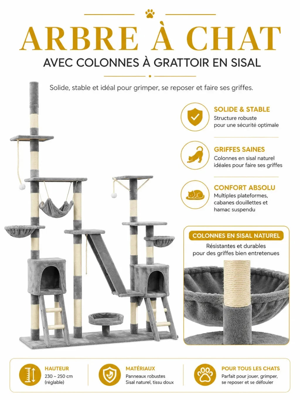 Arbre à chat géant Emprelia avec colonnes en sisal et hamacs