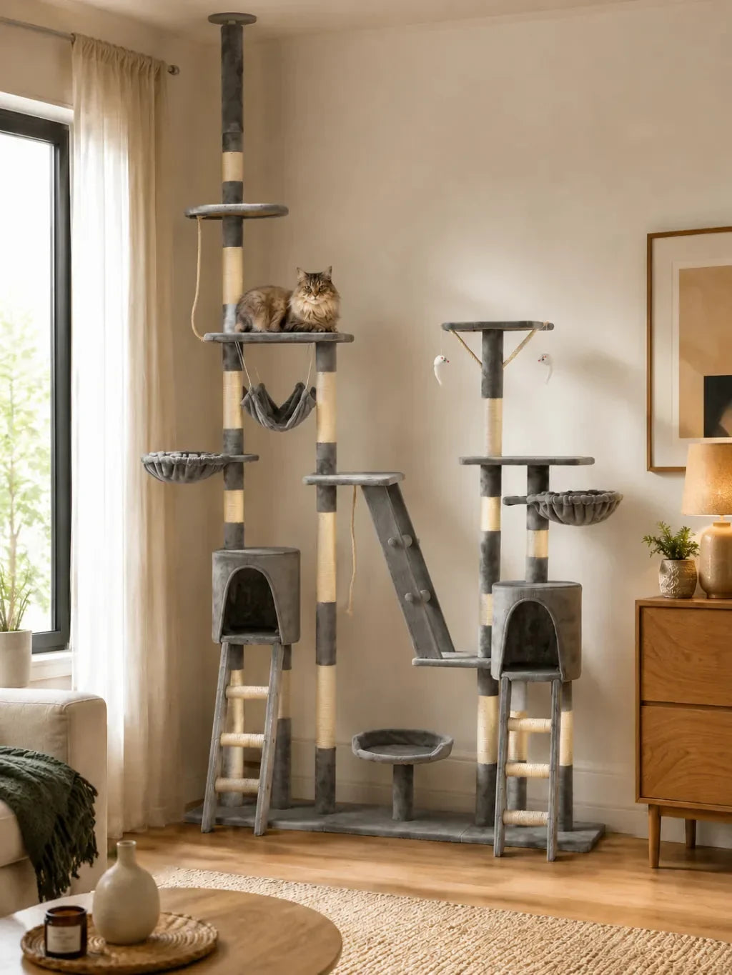 Arbre à chat géant gris Vantoria avec niches et hamacs dans un salon