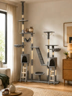 Arbre à chat géant gris Vantoria avec niches et hamacs dans un salon