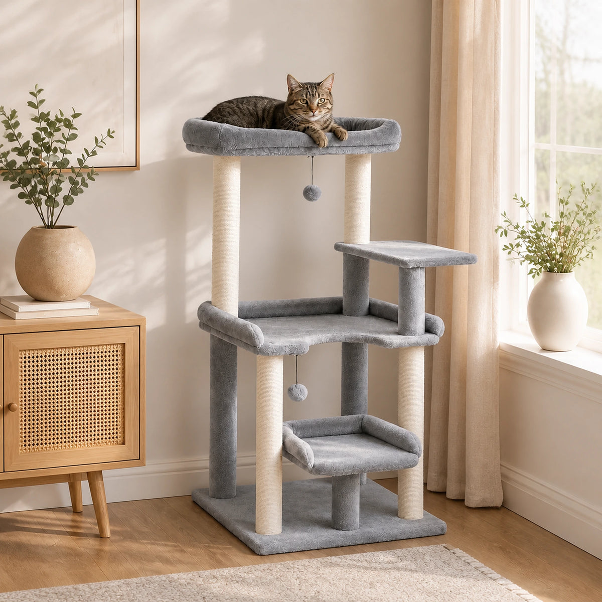 Arbre à chat gris 110 cm Escalys dans un salon avec un chat installé dans le lit surélevé