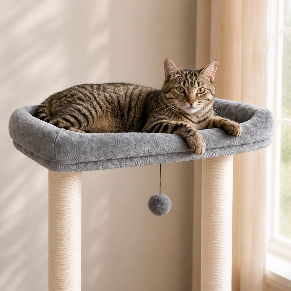 Lit surélevé de l’arbre à chat gris Escalys avec un chat adulte couché entre deux poteaux griffoirs