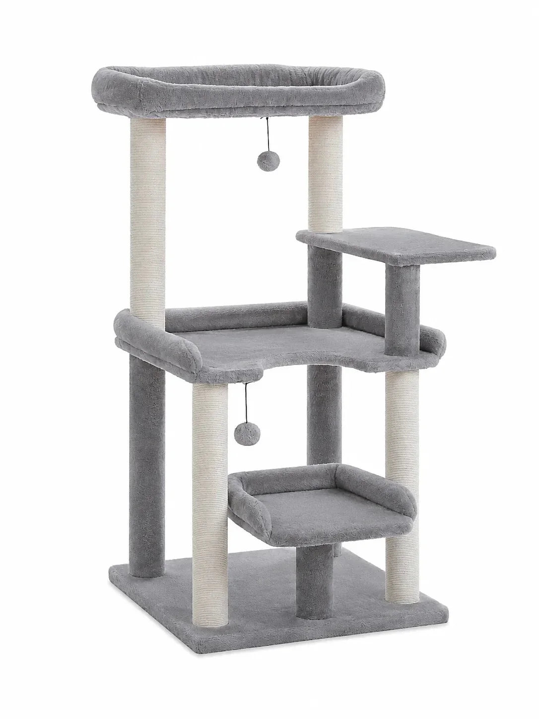 Arbre à chat gris 110 cm Escalys avec quatre paliers, trois couchages et deux jouets suspendus