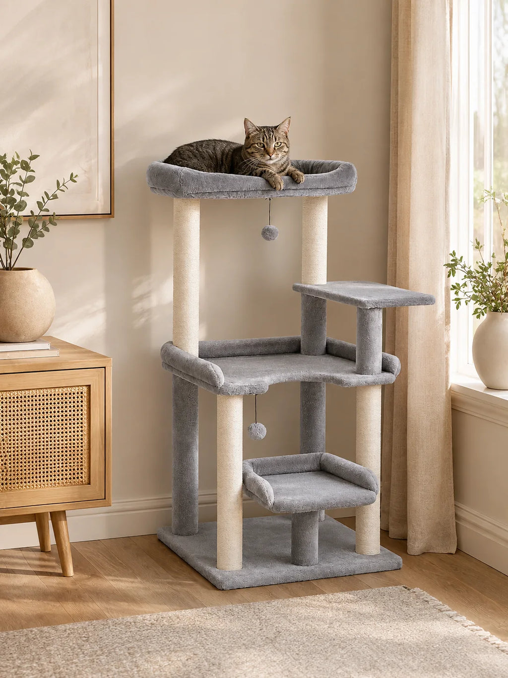 Arbre à chat gris Escalys installé près d'une fenêtre dans un salon
