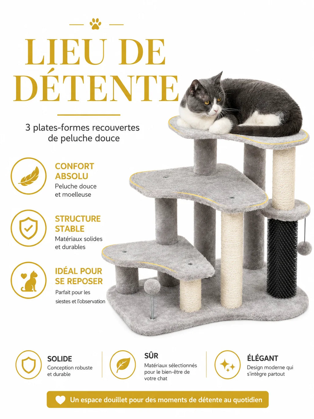 Trois plateformes en peluche du petit arbre à chat gris Gradélia