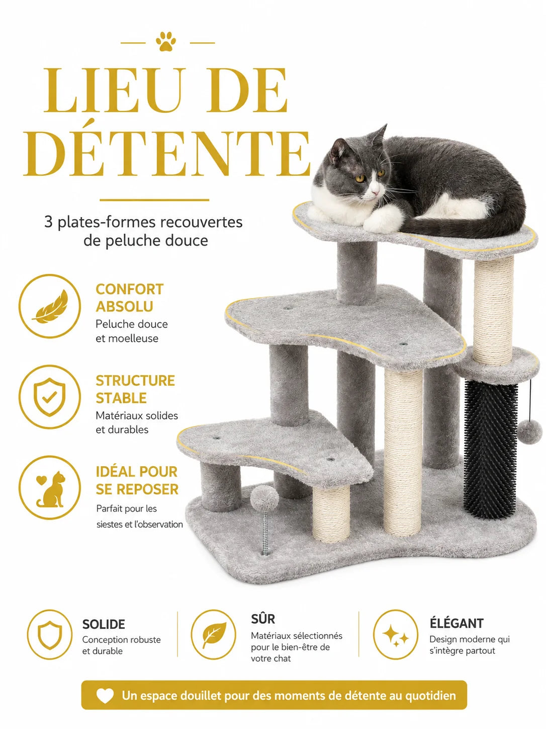 Trois plateformes en peluche du petit arbre à chat gris Gradélia