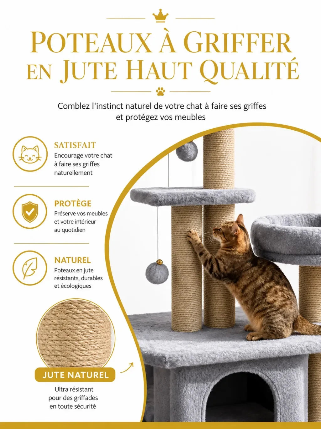 Poteaux à griffer en jute naturel de l'arbre à chat gris Pétalia