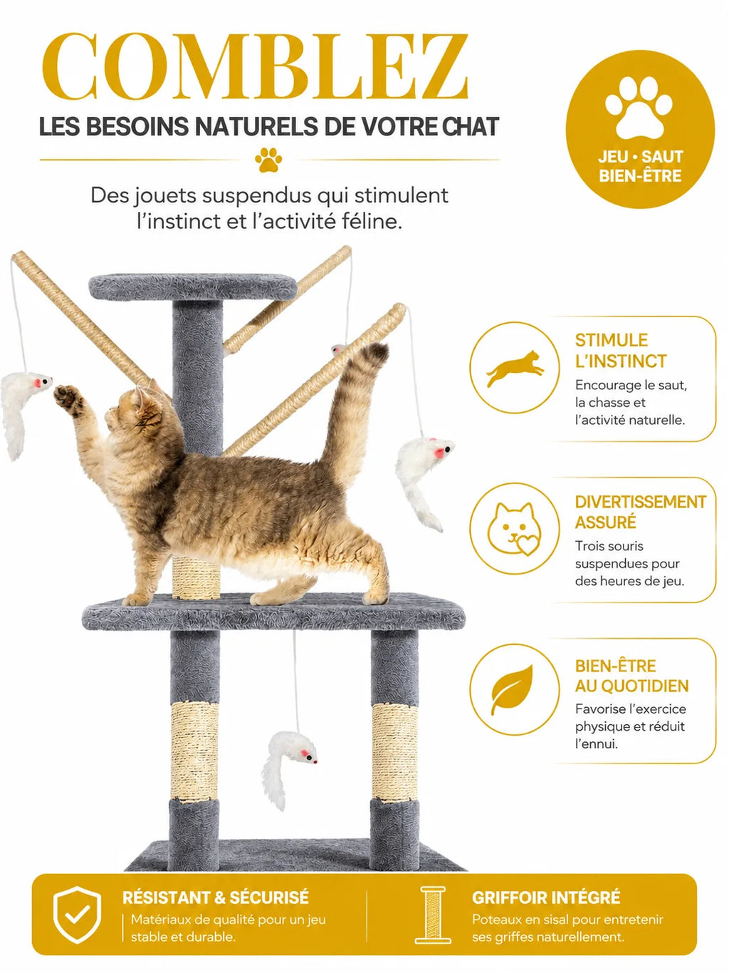 Trois souris suspendues du grand arbre à chat Cimestria