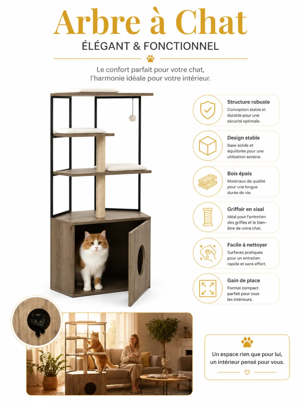 Arbre à chat litière Lignora élégant et fonctionnel avec structure stable, niche et griffoirs en sisal