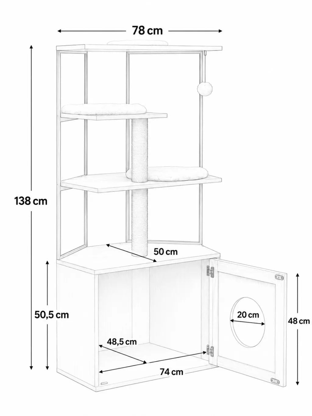 Dimensions de l’arbre à chat avec litière Lignora 78 x 50 x 138 cm avec niche 74 x 48,5 cm et passage rond 20 cm