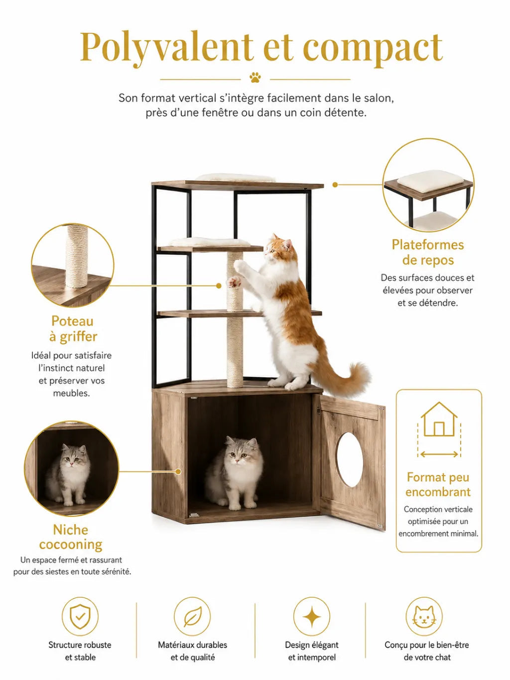 Espaces de repos et poteau à griffer en sisal de l’arbre à chat litière Lignora pour jouer, observer et se détendre