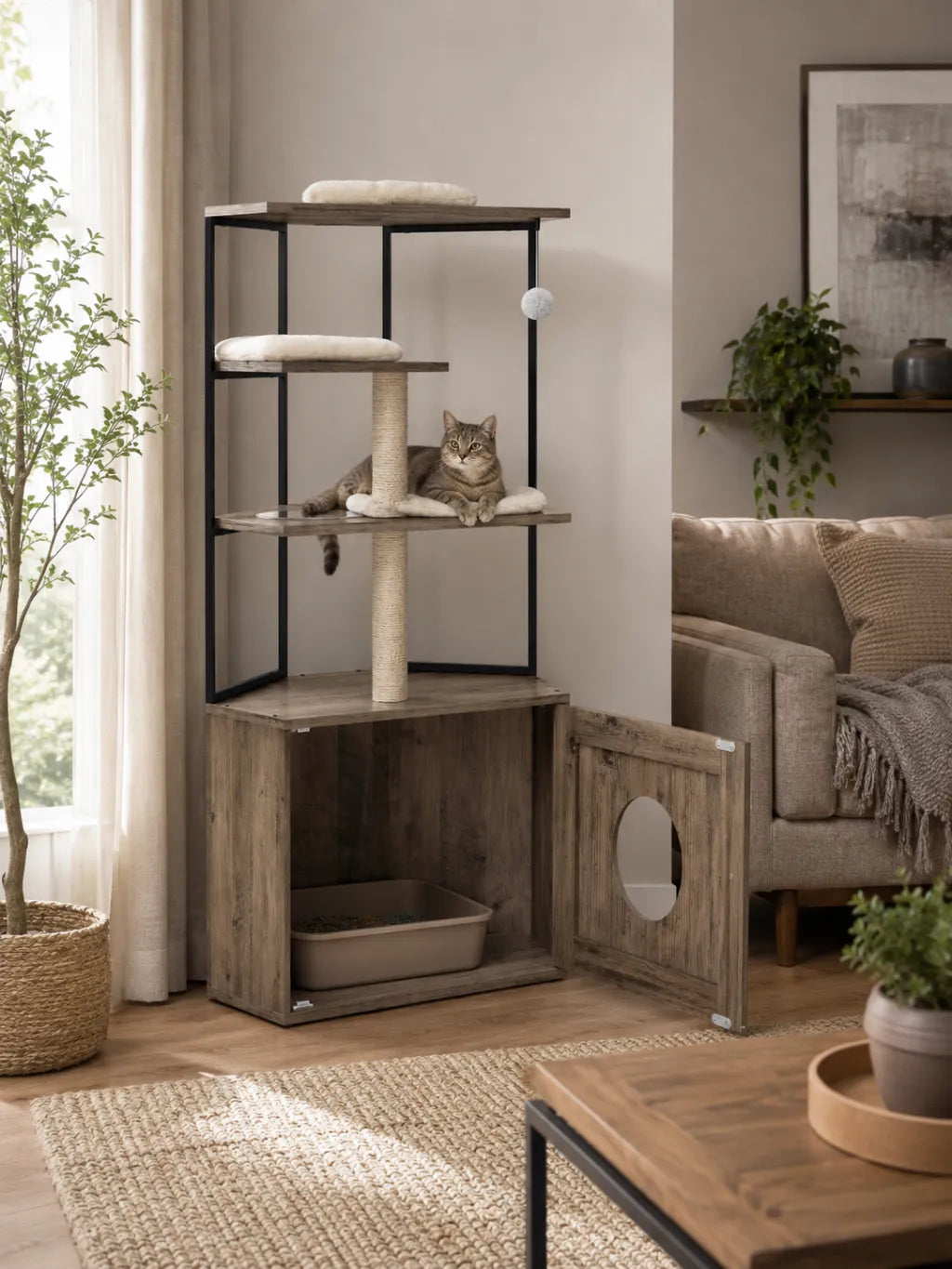 Arbre à chat avec litière Lignora installé dans un salon avec bac à litière intégré et plateformes de repos