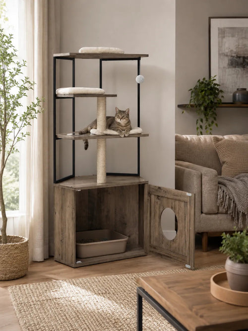 Arbre à chat avec litière Lignora installé dans un salon avec bac à litière intégré et plateformes de repos