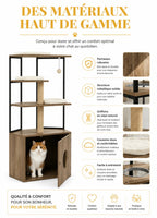Détails des matériaux de l’arbre à chat Lignora avec panneaux bois robustes, métal, sisal et coussins amovibles