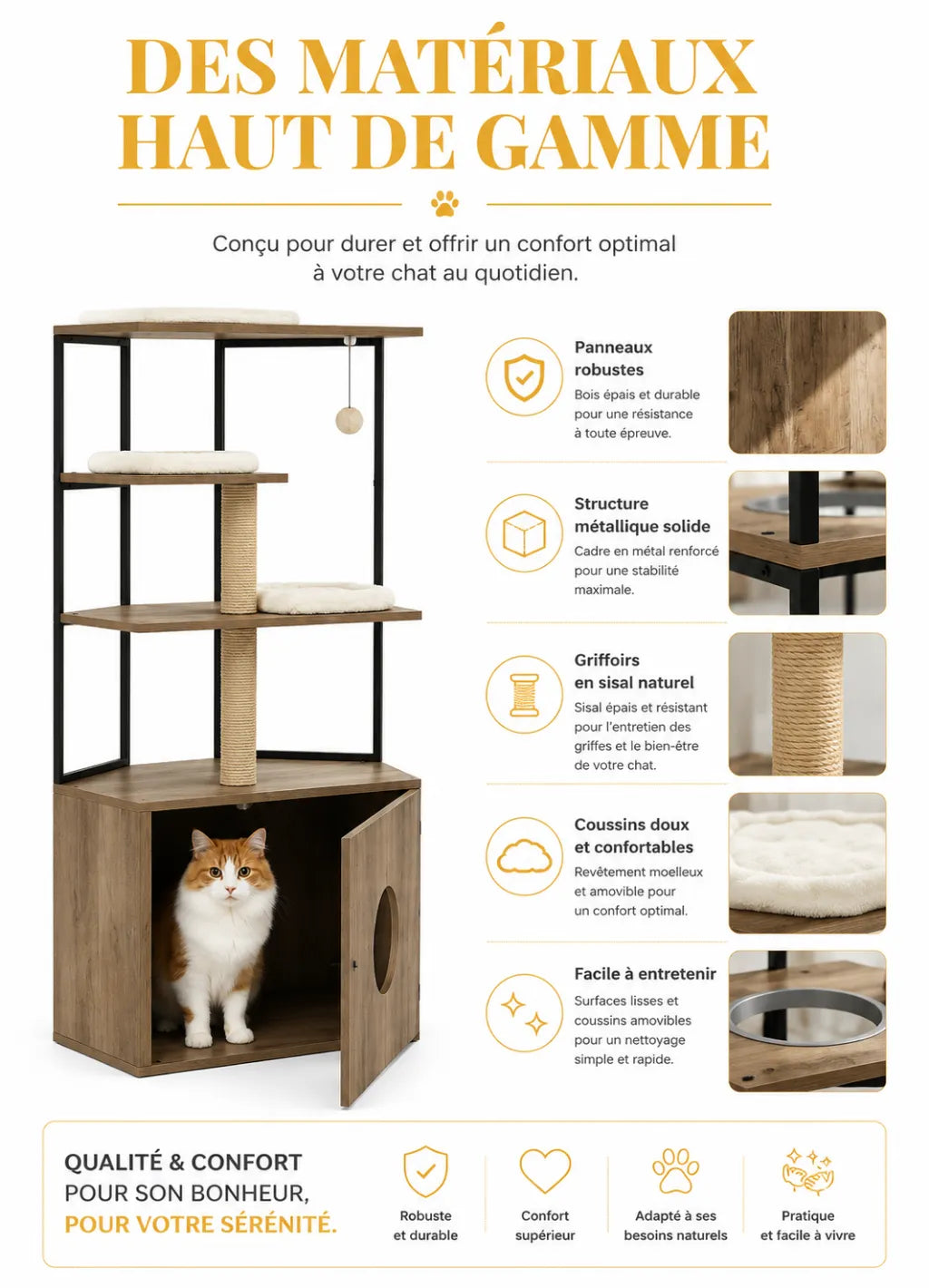 Détails des matériaux de l’arbre à chat Lignora avec panneaux bois robustes, métal, sisal et coussins amovibles