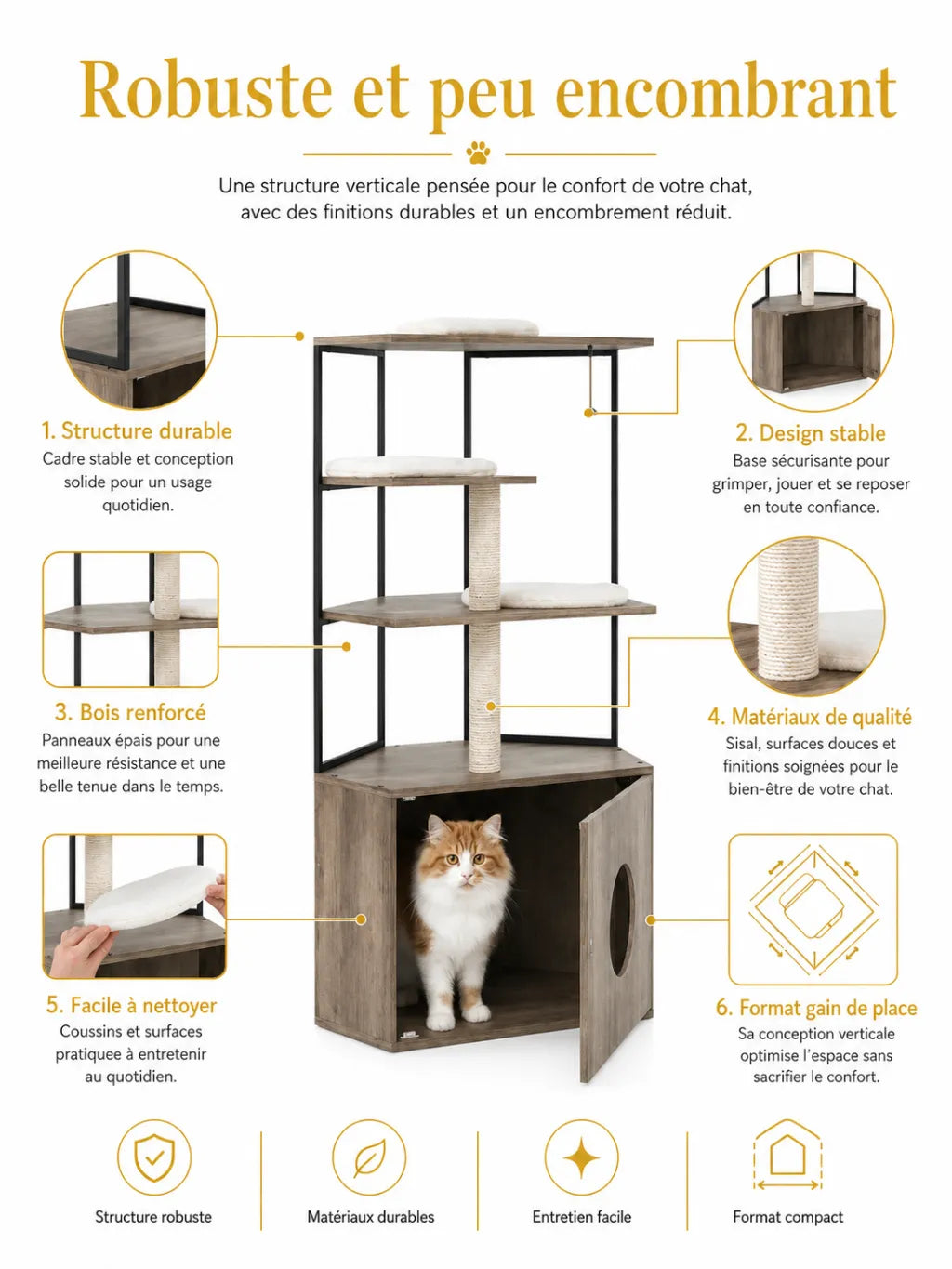 Structure compacte de l’arbre à chat avec litière Lignora, cadre métallique, bois renforcé et coussins faciles à nettoyer