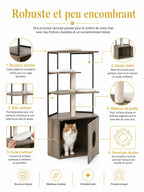Structure compacte de l’arbre à chat avec litière Lignora, cadre métallique, bois renforcé et coussins faciles à nettoyer