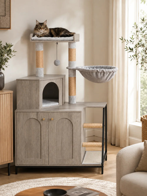Arbre à chat avec meuble litière Privésia installé dans un salon