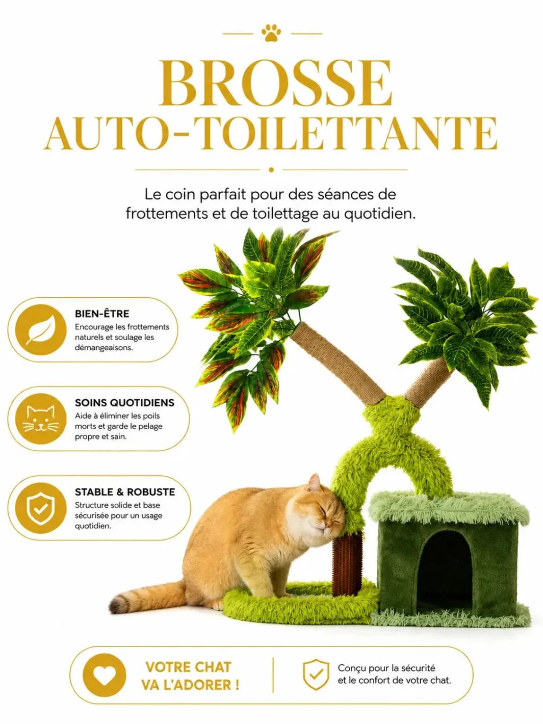 Chat utilisant la brosse auto-toilettante intégrée à l’arbre à chat manguier Mangoria.
