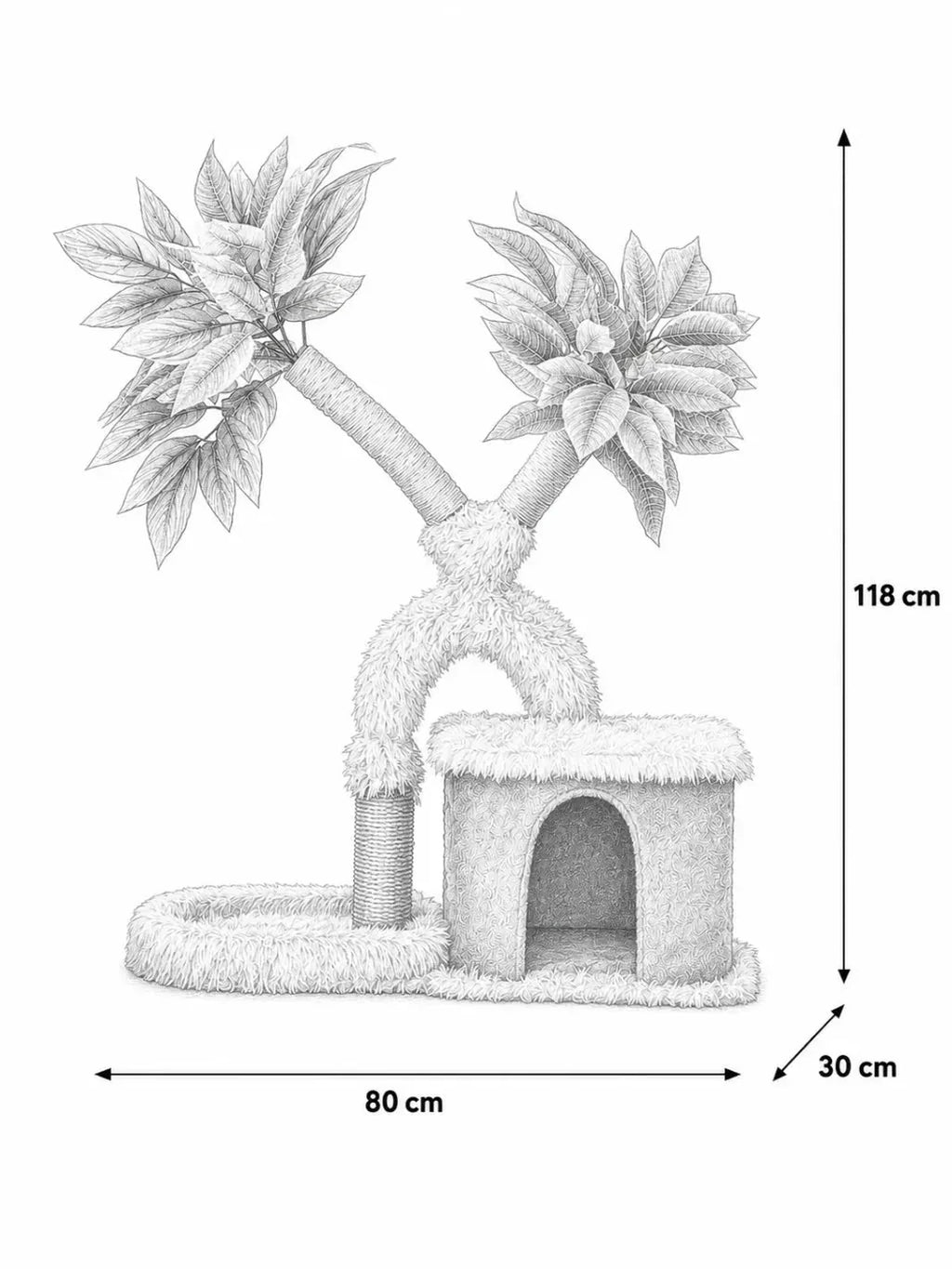 Dimensions de l’arbre à chat Mangoria : 80 cm de largeur, 30 cm de profondeur et 118 cm de hauteur.