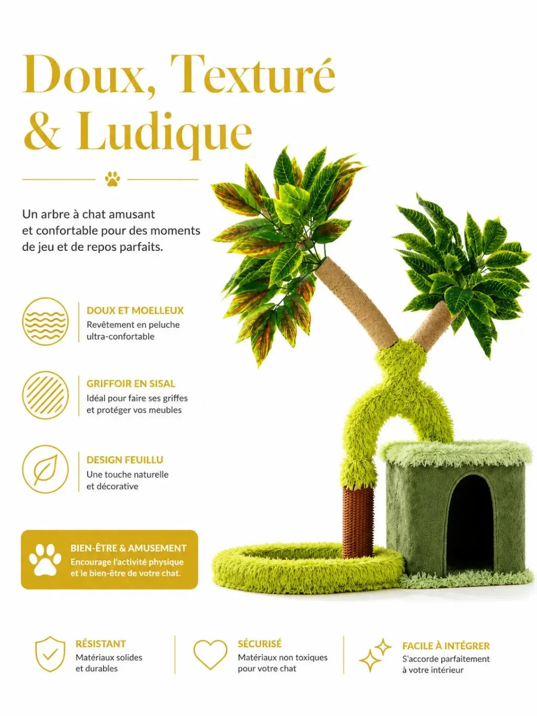 Détail des surfaces en peluche, des troncs en sisal et du feuillage artificiel de Mangoria.