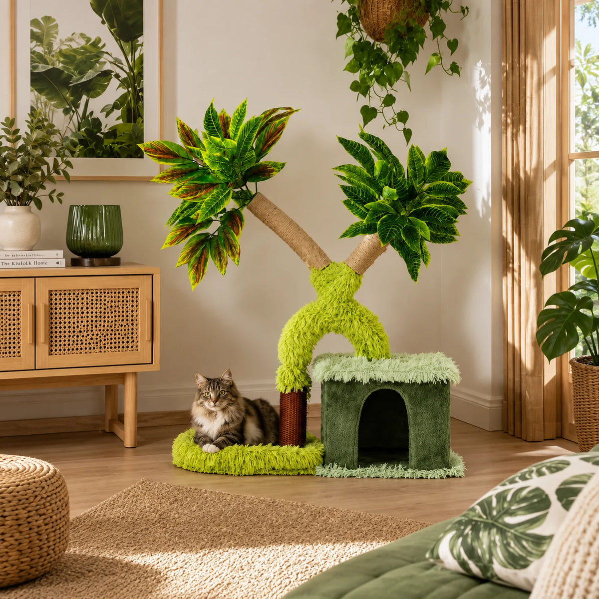 Arbre à chat manguier Mangoria intégré dans un salon végétal avec un chat installé sur sa base.