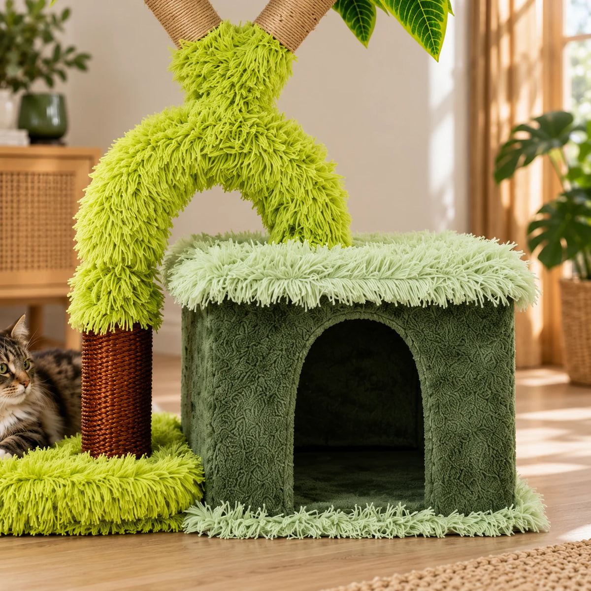 Gros plan de la niche rembourrée et du poteau griffoir en sisal de l’arbre à chat Mangoria.