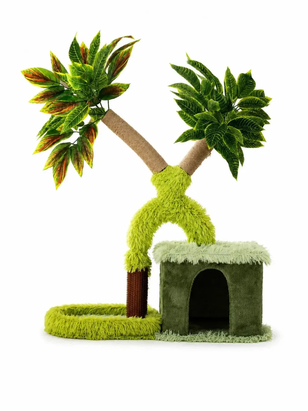 Arbre à chat manguier vert Mangoria de 118 cm avec niche, pont et feuillage, présenté sur fond blanc.