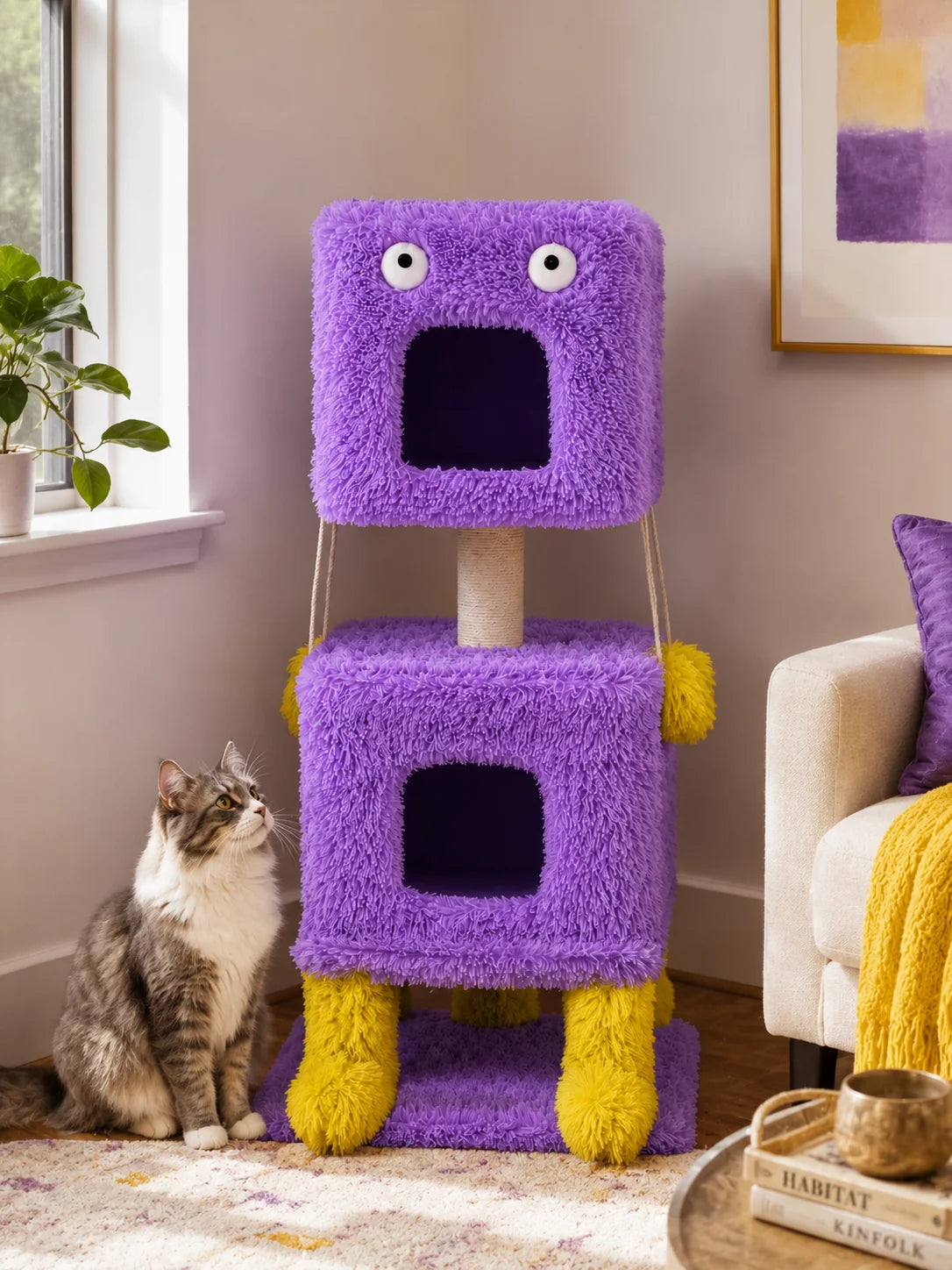 Arbre à chat monstre Monstrélia installé dans un salon avec un chat