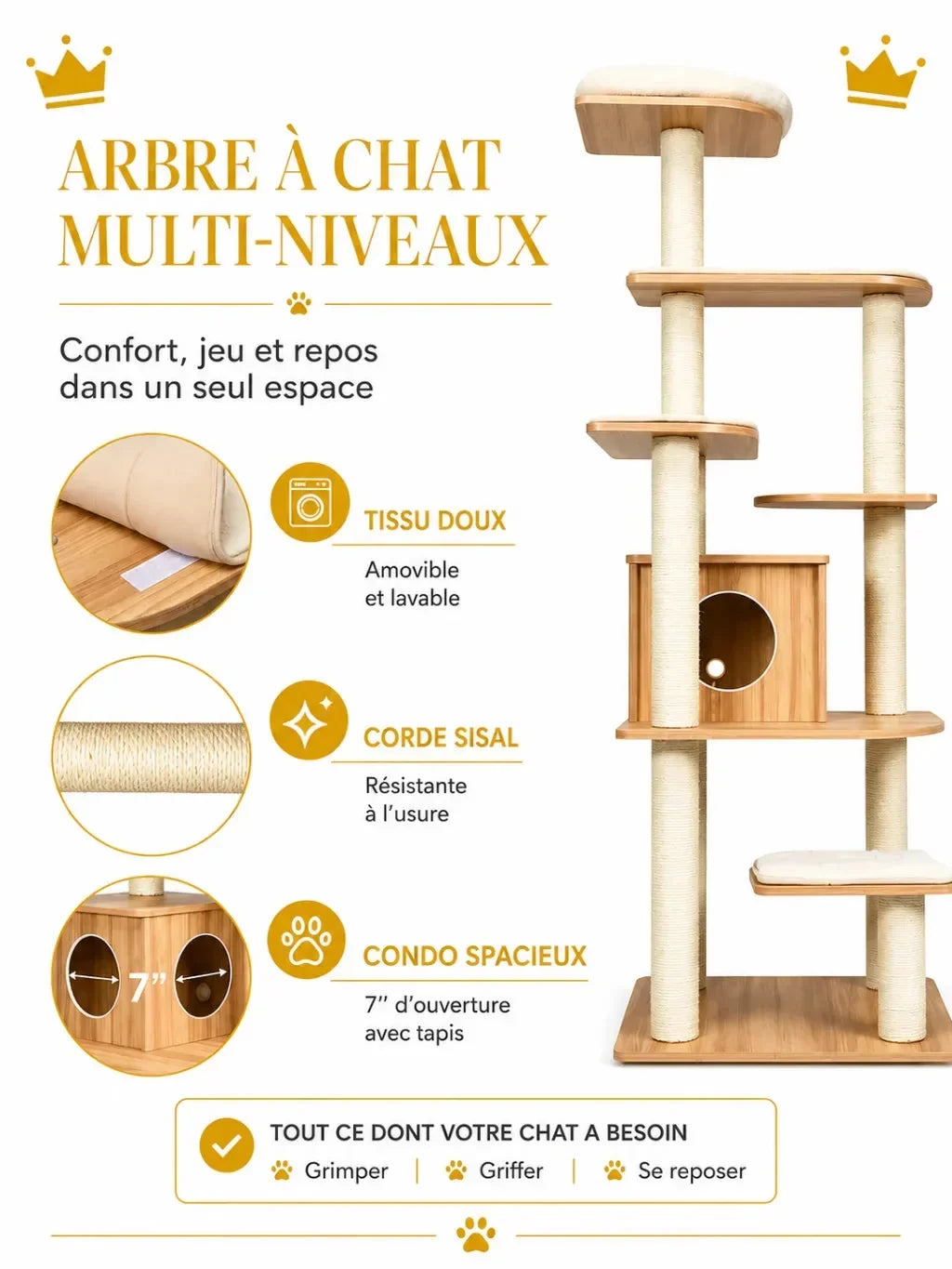 Arbre à chat multi-niveaux Lignoria avec tapis amovibles et lavables
