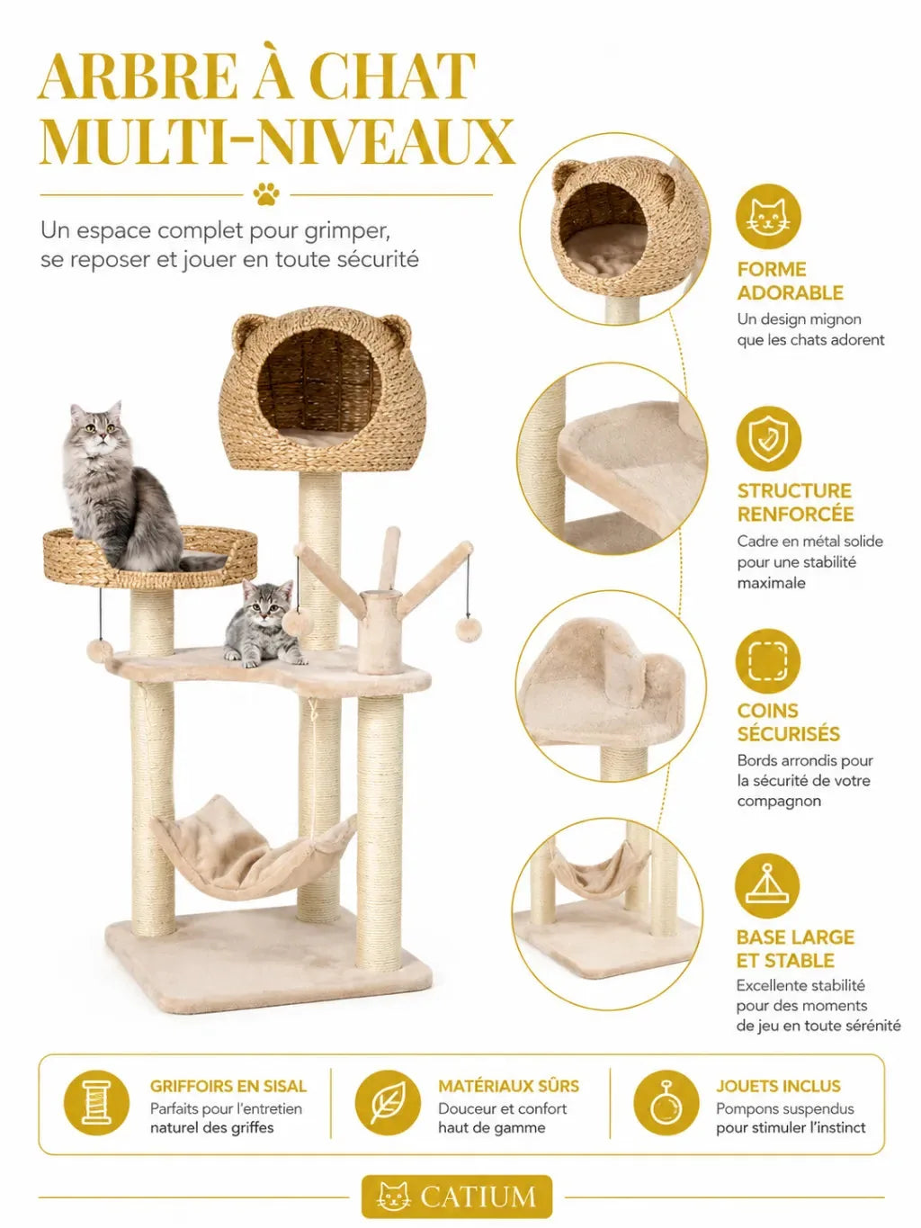 Arbre à chat multi niveaux Nidoria avec structure renforcée et base stable