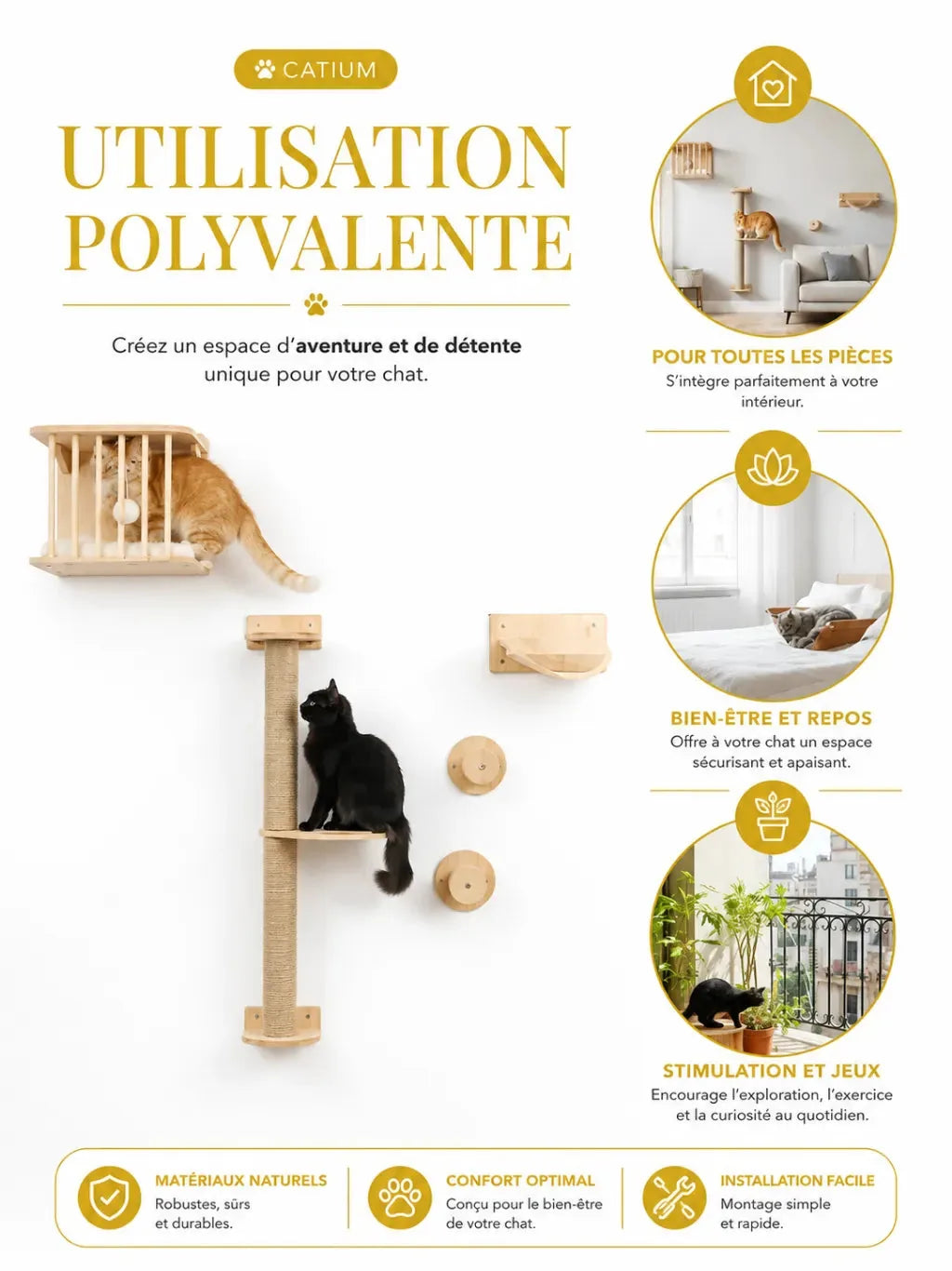 Utilisation polyvalente de l’arbre à chat mural Climoria pour jeu et repos