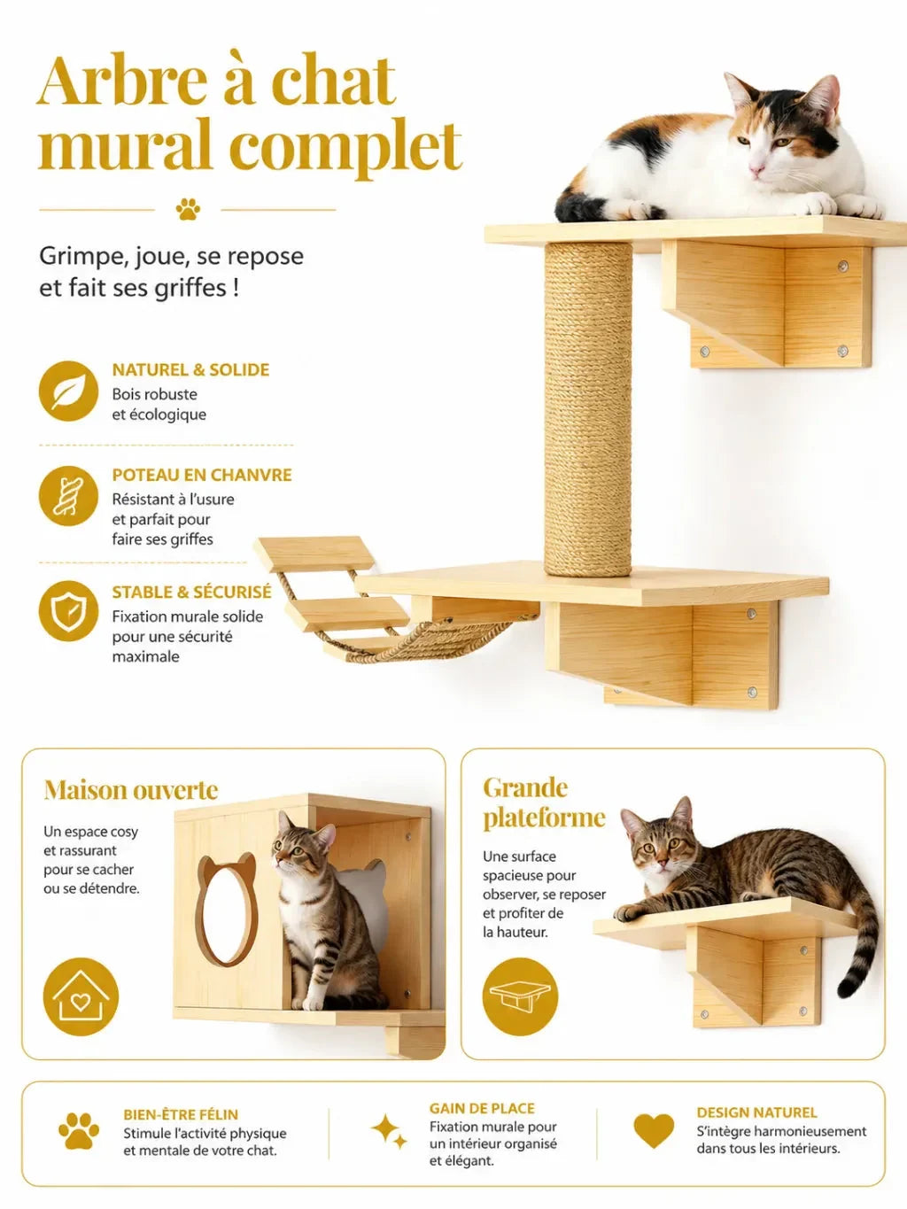 Arbre à chat mural complet Pontelia avec niche plateforme et poteau sisal