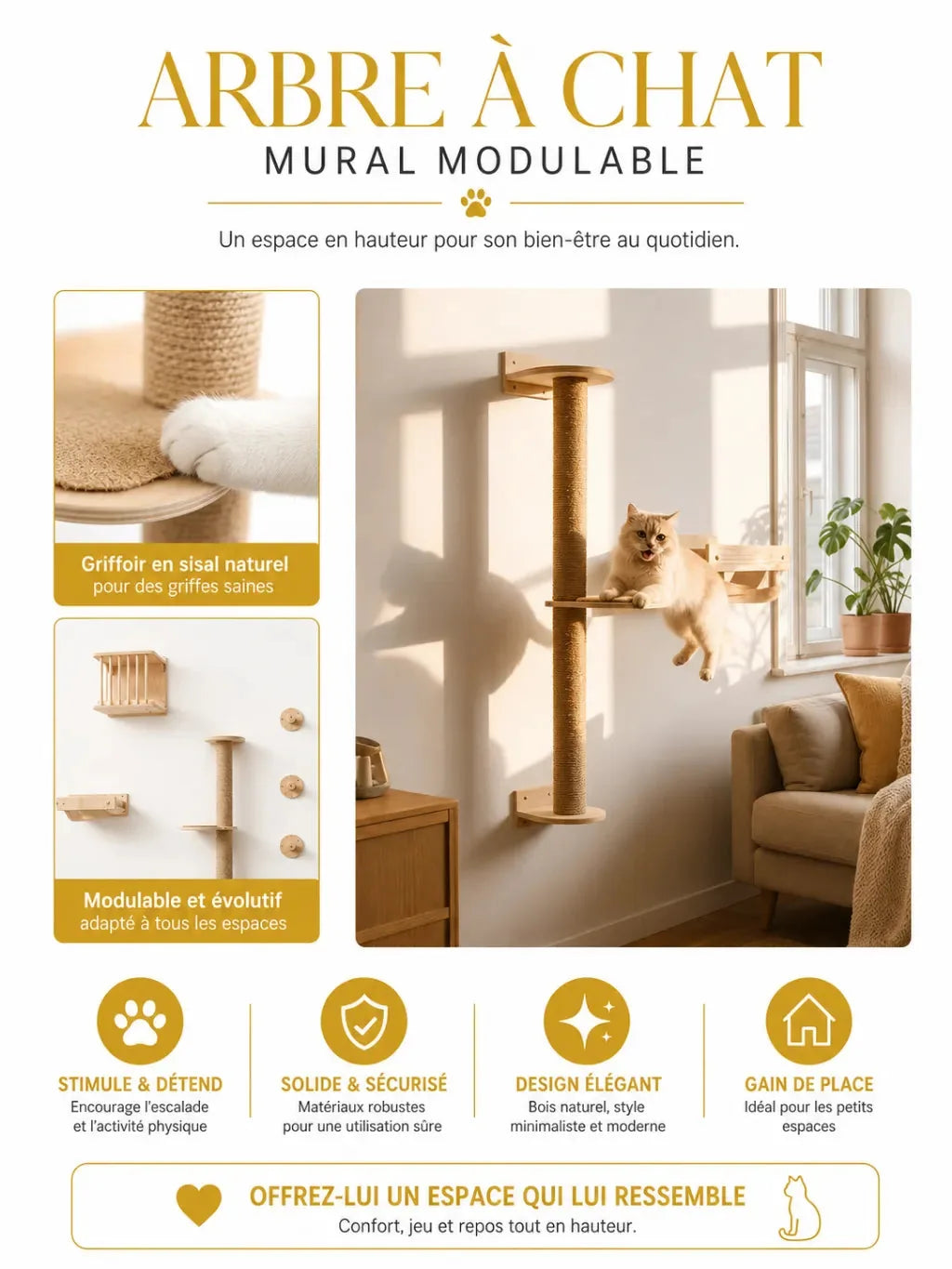 Arbre à chat mural modulable Climoria avec sisal naturel et bois