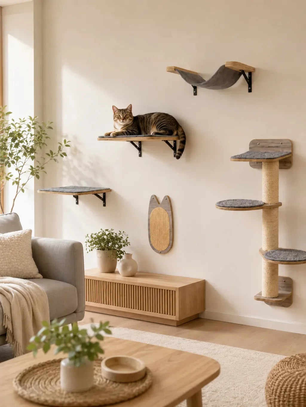 Arbre à chat mural Murania installé dans un salon avec plateformes et hamac