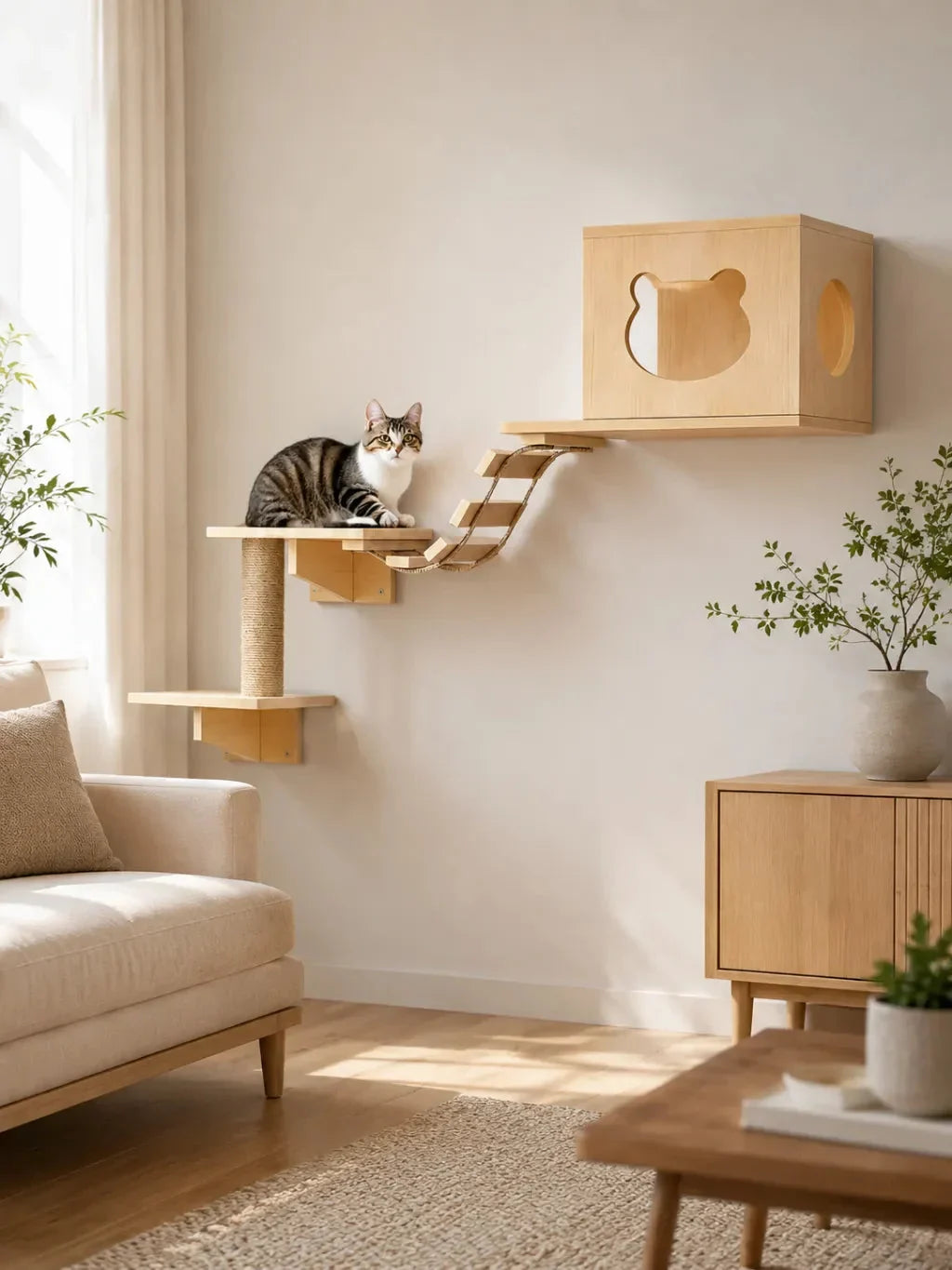 Arbre à chat mural Pontelia installé dans un salon en bois naturel