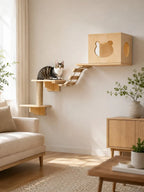 Arbre à chat mural Pontelia installé dans un salon en bois naturel