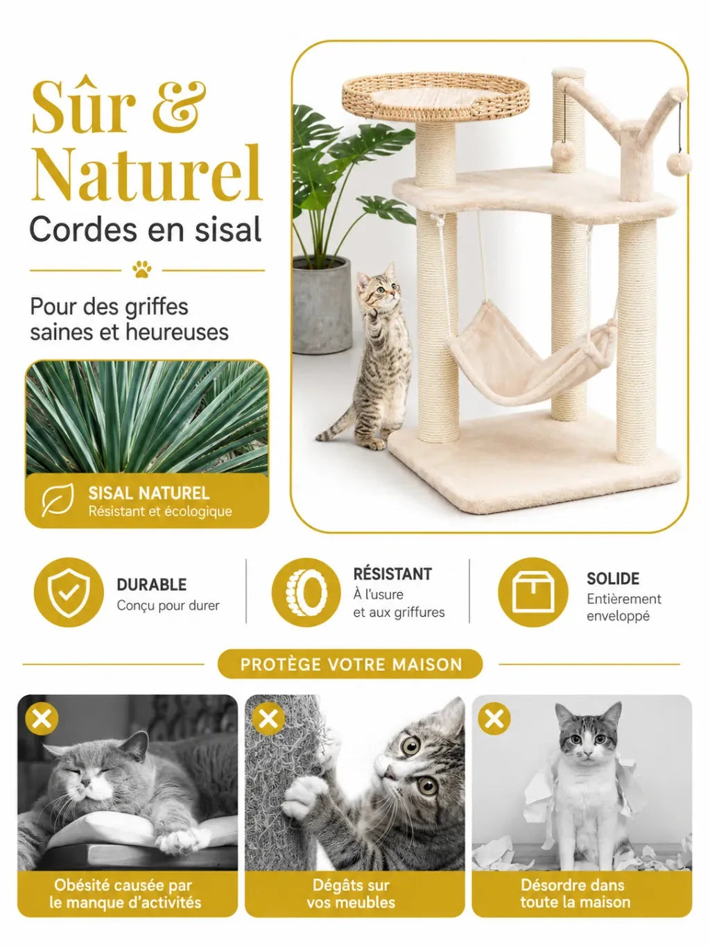 Poteaux en sisal naturel de l’arbre à chat Nidoria pour griffes saines