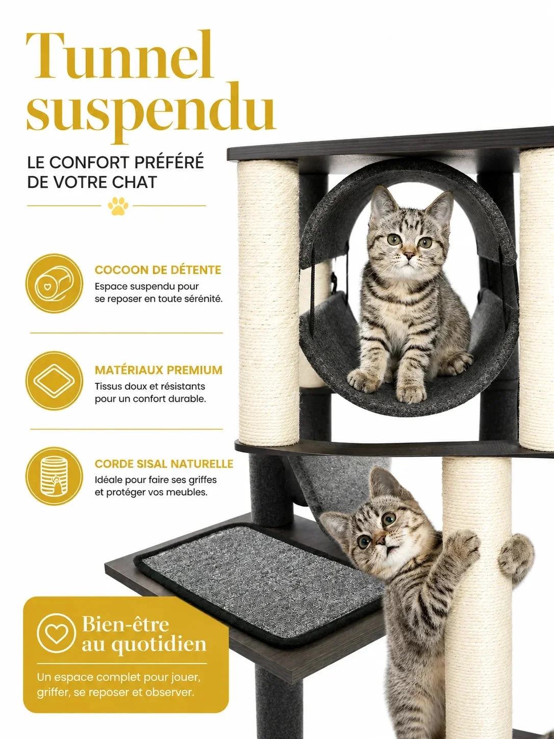 Tunnel suspendu et poteaux en sisal de l’arbre à chat Novera avec zones de repos et de griffade