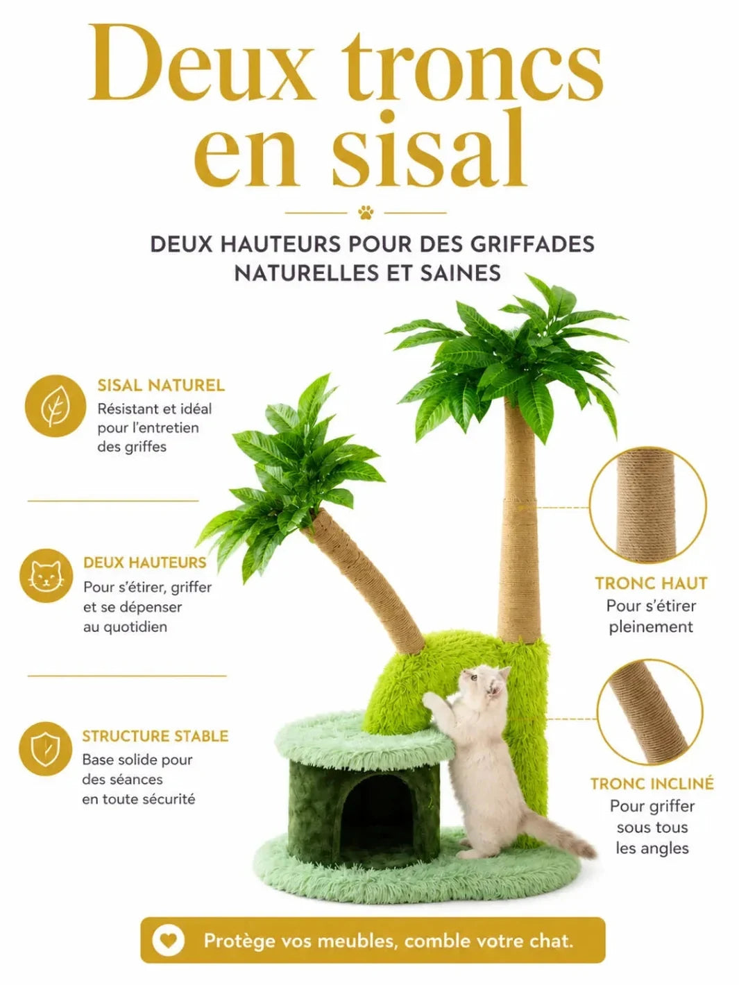 Deux troncs griffoirs en sisal, vertical et incliné, de l’arbre à chat palmier Palmélia.