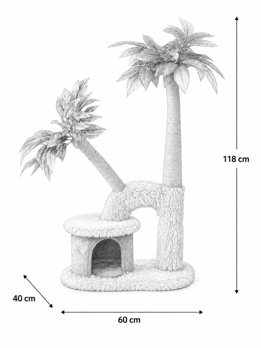 Dimensions de l’arbre à chat Palmélia : 60 cm de largeur, 40 cm de profondeur et 118 cm de hauteur.