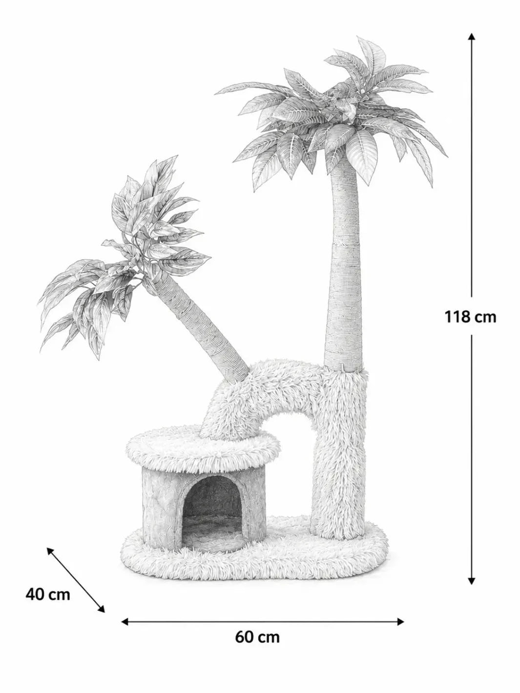 Dimensions de l’arbre à chat Palmélia : 60 cm de largeur, 40 cm de profondeur et 118 cm de hauteur.