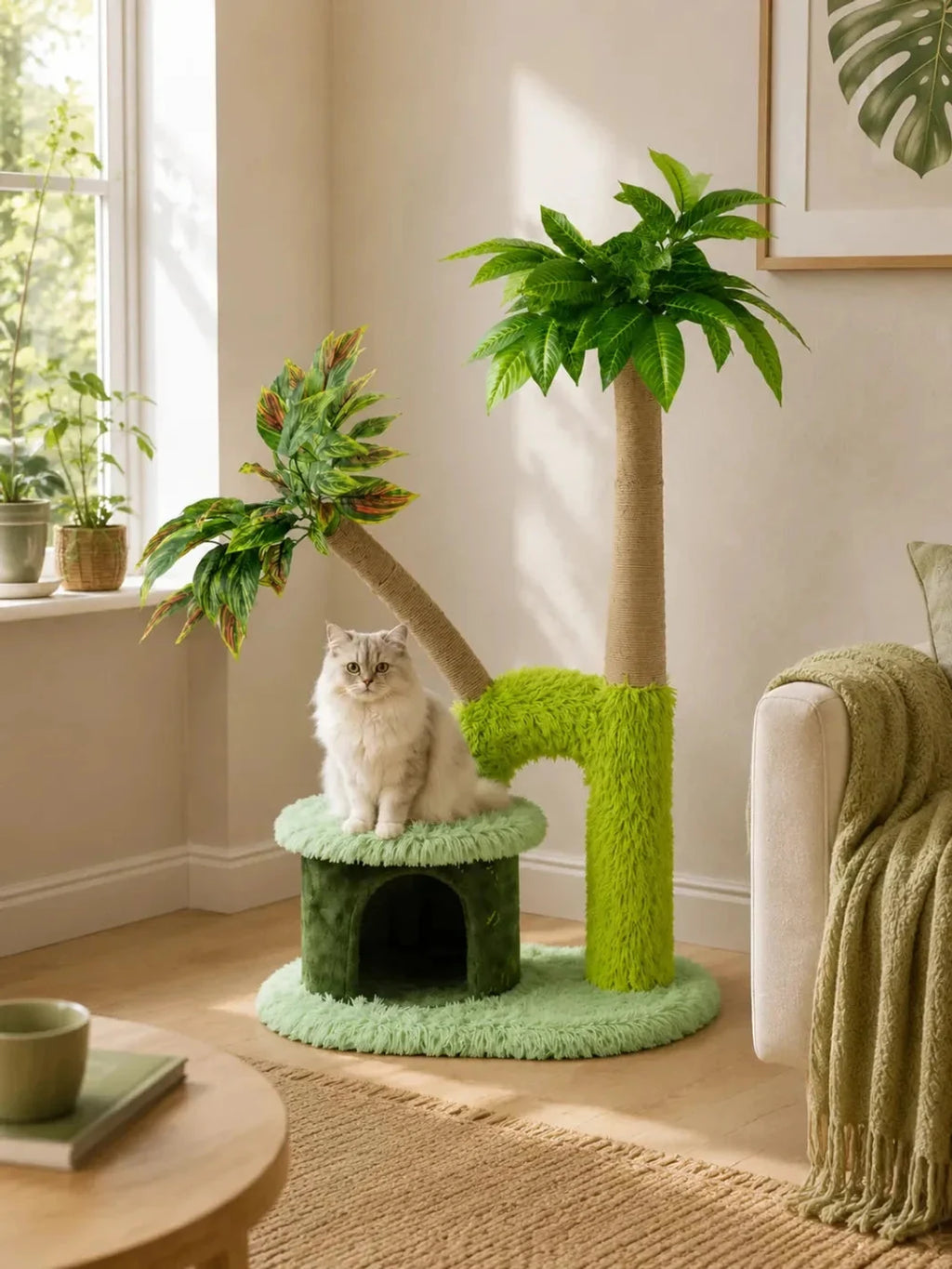 Arbre à chat palmier Palmélia installé dans un salon lumineux avec un chat sur sa plateforme.