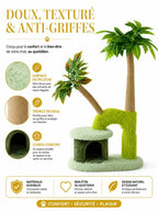 Détail de la peluche, du sisal naturel et de la niche de l’arbre à chat Palmélia.