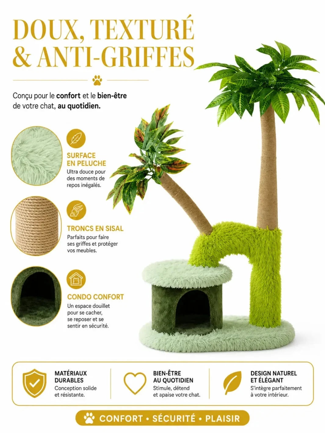 Détail de la peluche, du sisal naturel et de la niche de l’arbre à chat Palmélia.